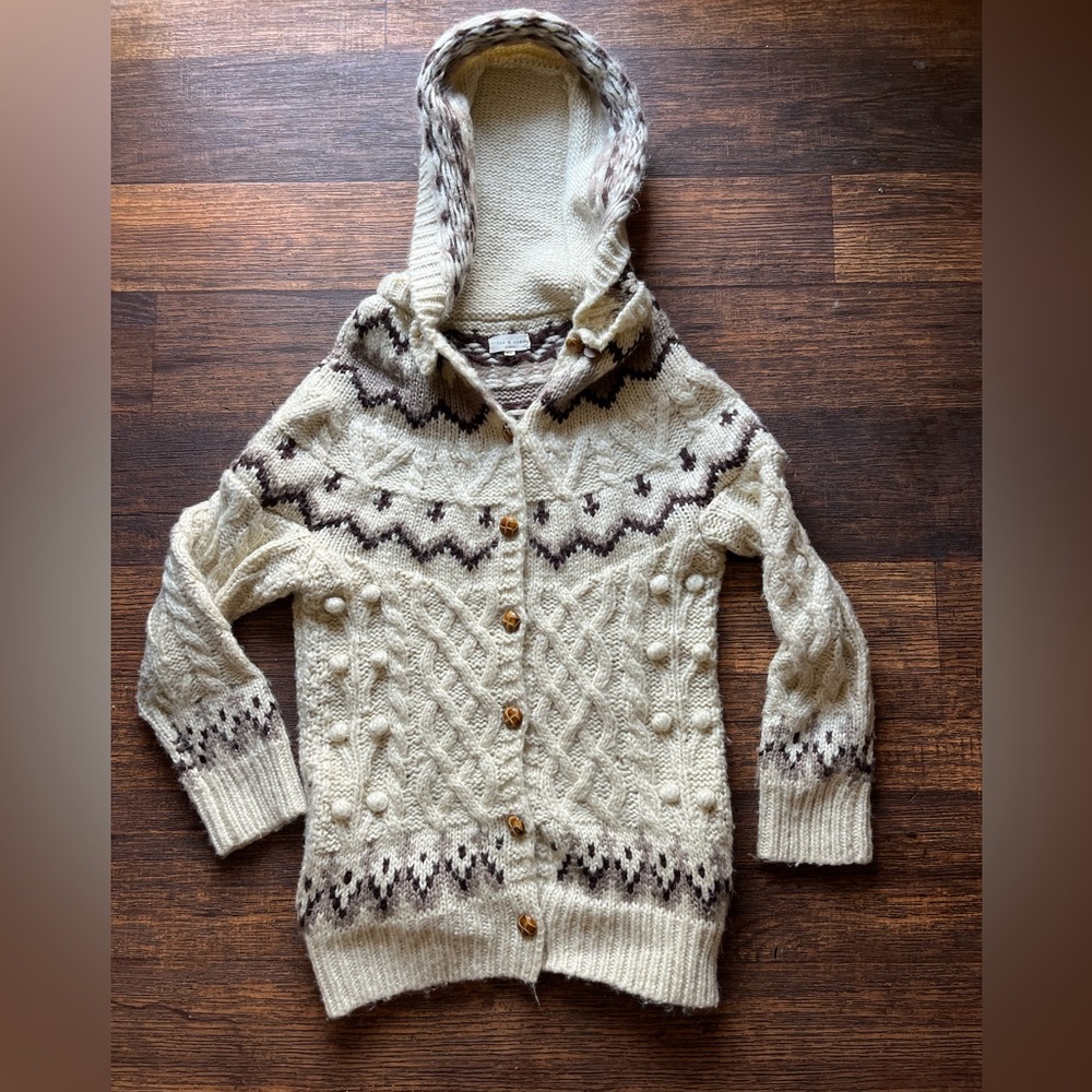 Women's Tea and Cup Sweater Multicolor Geometric M/L Cottage Boho‎ Cable Knit